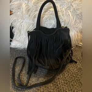 Soft Black/Gold Slouchy Leather Fringe Women's Bag with short and long straps
